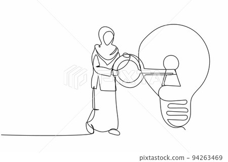 Single continuous line drawing smart Arab businesswoman put key into light bulb. Innovation in business idea, invent new product or creative thoughts. One line draw graphic design vector illustration Single continuous line drawing smart Arab businesswoman put key into light bulb. Innovation in business idea, invent new product or creative thoughts. One line draw graphic design vector illustration 94263469