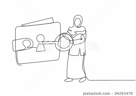 Single continuous line drawing Arabian businesswoman put key into wallet. Purse to saving coin daily needs. Money for safety personal use. Money protection. One line graphic design vector illustration Single continuous line drawing Arabian businesswoman put key into wallet. Purse to saving coin daily needs. Money for safety personal use. Money protection. One line graphic design vector illustration 94263470