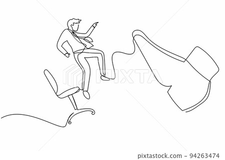 Continuous one line drawing unhappy small businessman kicked out by big foot from chair. Employee kicked out of work. Dismissal of staff. Unemployment. Single line design vector graphic illustration Continuous one line drawing unhappy small businessman kicked out by big foot from chair. Employee kicked out of work. Dismissal of staff. Unemployment. Single line design vector graphic illustration 94263474