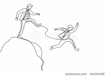 Single one line drawing businessman kick throw male colleague off cliff or hill. Man eliminate rival coworker at workplace. Rivalry and competition. Continuous line design graphic vector illustration Single one line drawing businessman kick throw male colleague off cliff or hill. Man eliminate rival coworker at workplace. Rivalry and competition. Continuous line design graphic vector illustration 94263499