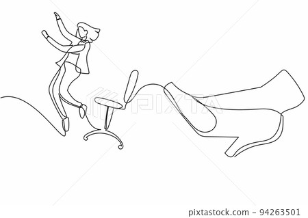 Single one line drawing young small businesswoman kicked out by big foot. Office worker kicked away from chair by giant feet. Minimal metaphor. Continuous line draw design graphic vector illustration 94263501