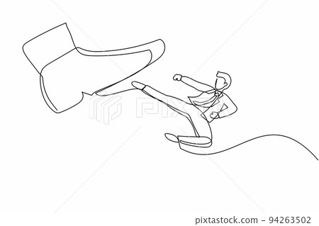 Single continuous line drawing brave businessman kick giant foot stomp. Male employee doing flying kick to big boot. Minimalist metaphor concept. Dynamic one line graphic design vector illustration 94263502