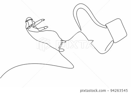 Single continuous line drawing active Arab businessman kicked out by big foot. Bankruptcy, insolvency. Male employee become unemployed. Minimalism metaphor concept. One line design vector illustration Single continuous line drawing active Arab businessman kicked out by big foot. Bankruptcy, insolvency. Male employee become unemployed. Minimalism metaphor concept. One line design vector illustration 94263545