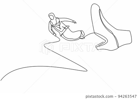 Single continuous line drawing failed Arab businesswoman getting fired, flying through air after being kicked in the back. Minimalism metaphor concept. One line draw graphic design vector illustration Single continuous line drawing failed Arab businesswoman getting fired, flying through air after being kicked in the back. Minimalism metaphor concept. One line draw graphic design vector illustration 94263547
