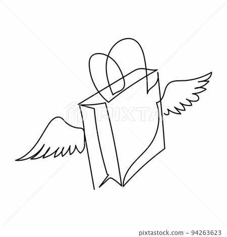 Continuous one line drawing flying shopping paper bag with wings. Delivery logo symbol, cargo shipping dropship. Online shop store service mascot. Single line draw design vector graphic illustration Continuous one line drawing flying shopping paper bag with wings. Delivery logo symbol, cargo shipping dropship. Online shop store service mascot. Single line draw design vector graphic illustration 94263623