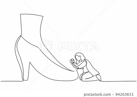 Continuous one line drawing businesswoman kneeling a giant foot or shoe. Female manager apologize to executive director. Minimal metaphor concept. Single line draw design vector graphic illustration Continuous one line drawing businesswoman kneeling a giant foot or shoe. Female manager apologize to executive director. Minimal metaphor concept. Single line draw design vector graphic illustration 94263631