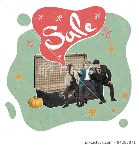 Creative collage for promotion of seasonal sales, black Friday concept. Retro vintage style. Ideas, inspiration, bussiness. Poster for ad 94263871