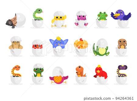 Cute Newborn Animals Hatching Sitting in Cracked Eggshell Vector Set Cute Newborn Animals Hatching Sitting in Cracked Eggshell Vector Set 94264361