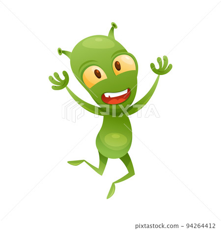 Funny Green Alien Character with Big Eyes and Small Antenna on Head Jumping with Joy Vector Illustration 94264412