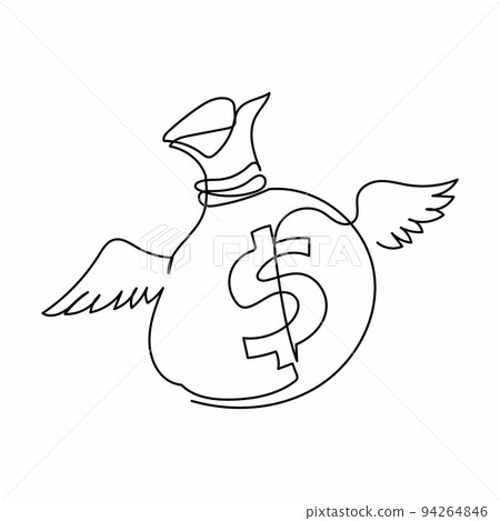 Single continuous line drawing flying money bag with wings. Bag with money with wings, dollar sign, flies and glitters. Winged money sack icon. Dynamic one line draw graphic design vector illustration 94264846