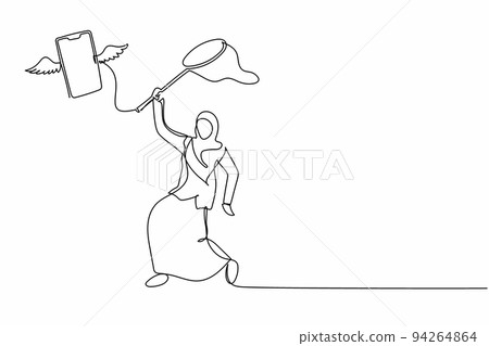 Single continuous line drawing Arab businesswoman try to catch flying smartphone with butterfly net. Missed phone calls interview. Lost job opportunities. One line graphic design vector illustration 94264864