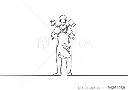 Single one line drawing bearded blacksmith standing wearing apron holding hammer and tongs crossed. Metal worker at work furnace oven workshop. Continuous line draw design graphic vector illustration 94264989