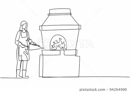 Single continuous line drawing female blacksmith standing wearing apron, pumping forge bellows. Metal worker at work furnace oven fire coal workshop. One line draw graphic design vector illustration 94264990