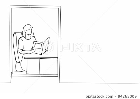 Single continuous line drawing young woman reading book. Businesswoman reader. Person update knowledge, sitting in armchair by window in living room. One line draw graphic design vector illustration 94265009