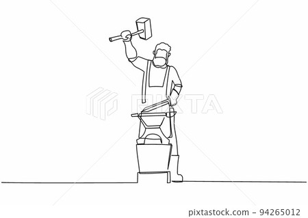 Continuous one line drawing bearded blacksmith forges small sword on the anvil. Young man blacksmith in apron standing working hard with hot iron. Single line draw design vector graphic illustration Continuous one line drawing bearded blacksmith forges small sword on the anvil. Young man blacksmith in apron standing working hard with hot iron. Single line draw design vector graphic illustration 94265012