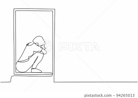 Single continuous line drawing desperate young woman sitting on windowsill. Upset, depression, stress, melancholy, despair, frustration, life problems. One line draw graphic design vector illustration Single continuous line drawing desperate young woman sitting on windowsill. Upset, depression, stress, melancholy, despair, frustration, life problems. One line draw graphic design vector illustration 94265013