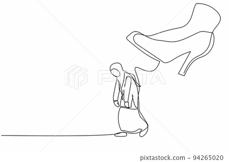 Continuous one line drawing unhappy Arab businesswoman going away with huge high heels kicking her out. Stress employee being fired and kicked out. Single line draw design vector graphic illustration 94265020