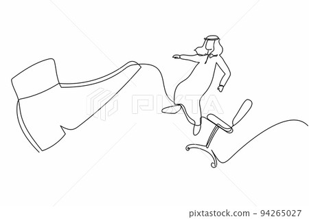 Continuous one line drawing failed small Arabian businessman kicked out by big foot from chair. Manager kicked out of work. Dismissal of staff, jobless. Single line design vector graphic illustration Continuous one line drawing failed small Arabian businessman kicked out by big foot from chair. Manager kicked out of work. Dismissal of staff, jobless. Single line design vector graphic illustration 94265027