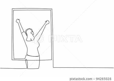 Single one line drawing back view young woman stretching arms in window after good night sleep. Relaxed female standing at window to get fresh air. Continuous line design graphic vector illustration Single one line drawing back view young woman stretching arms in window after good night sleep. Relaxed female standing at window to get fresh air. Continuous line design graphic vector illustration 94265028
