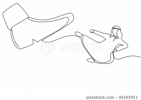 Single continuous line drawing young Arab businessman kick giant foot stomp. Executive director doing flying kick to big boot. Minimalism metaphor concept. One line graphic design vector illustration 94265051