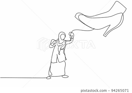 Single continuous line drawing young Arab businesswoman punching uppercut under big foot stomp. Manager against authoritarian or anger boss. Minimal metaphor. One line draw design vector illustration 94265071