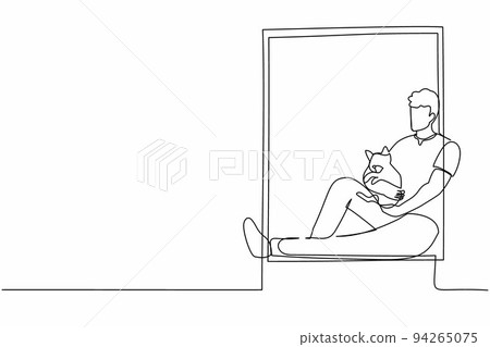 Single one line drawing calm guy with cat looks in house window. Happy man with his pet, lifestyle, communication and friendship social concept. Continuous line draw design graphic vector illustration 94265075