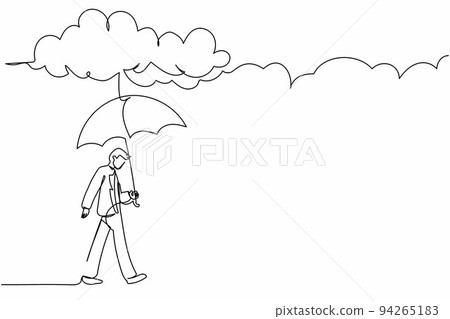 Single continuous line drawing businessman walking with umbrella under rain cloud. Depression, passerby at rainy weather. Drenched man, water pour from sky. One line graphic design vector illustration 94265183