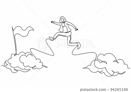 Continuous one line drawing brave businesswoman jump and leap over clouds to reach success target flag. Challenge of her career. Business metaphor. Single line draw design vector graphic illustration Continuous one line drawing brave businesswoman jump and leap over clouds to reach success target flag. Challenge of her career. Business metaphor. Single line draw design vector graphic illustration 94265198