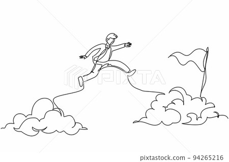 Continuous one line drawing active businessman jump or leap over clouds to reach his success target or flag. Challenge his career path. Taking risk. Single line draw design vector graphic illustration 94265216