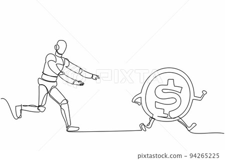 Continuous one line drawing robot chase dollar coin. Huge money in robotic industry investment. Humanoid robot cybernetic organism. Robotic development. Single line graphic design vector illustration 94265225