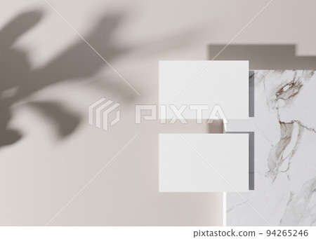 Blank white business cards on marble surface with plants shadows. Mock up for branding identity. Two cards, to show both sides. Template for graphic designers. Free, copy space. 3D rendering. 94265246