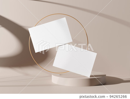 Blank white business cards with golden ring on the cream background. Mockup for branding identity. Two cards to show both sides. Template for graphic designer. Free space, copy space. 3D rendering. 94265266