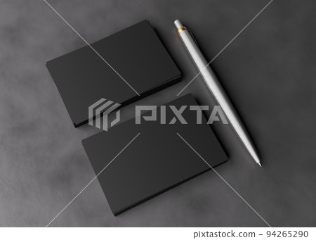 Blank black business cards on rough concrete surface. Mockup for branding identity. Two stacks, to show both sides of card. Template for graphic designers. Free space, copy space. 3D rendering. 94265290