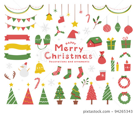 可愛的聖誕插畫集，飾品，材料，飾品，禮物，冬天，雪，聖誕老人帽子，絲帶 94265343