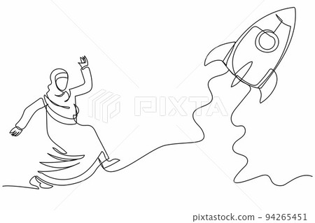 Continuous one line drawing Arab businesswoman running chasing rocket take off. Starting new business project. Flying to growth and success career. Single line draw design vector graphic illustration Continuous one line drawing Arab businesswoman running chasing rocket take off. Starting new business project. Flying to growth and success career. Single line draw design vector graphic illustration 94265451