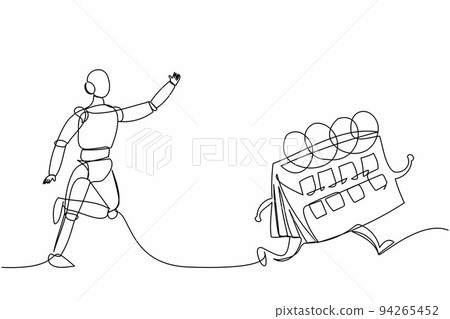 Single one line drawing robot chasing calendar. Time management optimization. Future technology development. Artificial intelligence machine learning. Continuous line draw design vector illustration Single one line drawing robot chasing calendar. Time management optimization. Future technology development. Artificial intelligence machine learning. Continuous line draw design vector illustration 94265452