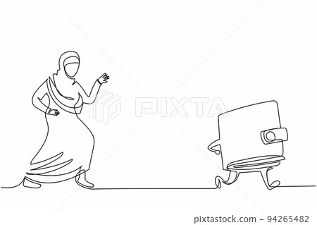 Single continuous line drawing Arab businesswoman chasing wallet. Purse for save money dollar cash. Shopping, market, buying, paying, finance concept. One line draw graphic design vector illustration 94265482
