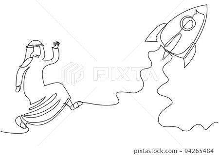 Single continuous line drawing Arab businessman running chasing rocket take off. Prepare for start-up business project. Career awakening to success, growth. One line draw design vector illustration 94265484