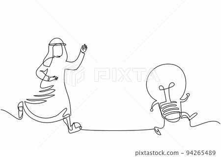 Single one line drawing Arab businessman chasing light bulb. Imagination for new business or brainstorm ideas. Motivated employee seek solution. Continuous line draw design graphic vector illustration Single one line drawing Arab businessman chasing light bulb. Imagination for new business or brainstorm ideas. Motivated employee seek solution. Continuous line draw design graphic vector illustration 94265489