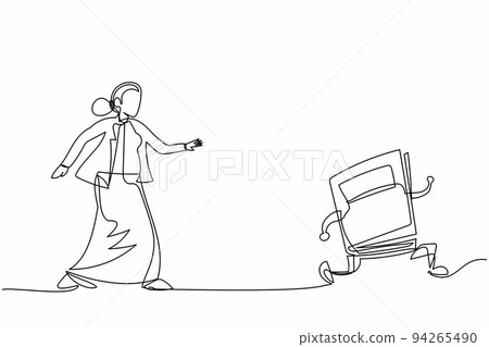 Single continuous line drawing businesswoman run chasing try to catch text book. Worker being chased by work deadlines. Running out of time. Business metaphor. One line draw design vector illustration Single continuous line drawing businesswoman run chasing try to catch text book. Worker being chased by work deadlines. Running out of time. Business metaphor. One line draw design vector illustration 94265490