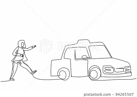 Continuous one line drawing businesswoman run chasing try to catch taxi cab. Hurry running to get a car, yellow public passenger vehicle. Business metaphor. Single line draw design vector illustration 94265507