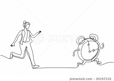 Single continuous line drawing stressed businesswoman chasing alarm clock. Manager being chased by work deadlines. Running out of time. Business metaphor. One line graphic design vector illustration 94265526