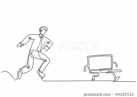 Continuous one line drawing furious businessman chasing laptop computer. Concept of stress, angry, burnout, headache, depression. Business metaphor. Single line draw design vector graphic illustration Continuous one line drawing furious businessman chasing laptop computer. Concept of stress, angry, burnout, headache, depression. Business metaphor. Single line draw design vector graphic illustration 94265532