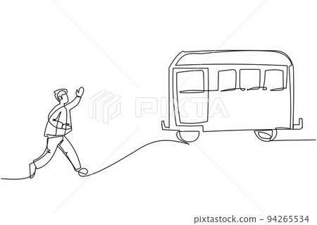 Single continuous line drawing businessman run chasing try to catch train. Hurry running to get transportation, public passenger vehicle. Business metaphor. One line graphic design vector illustration Single continuous line drawing businessman run chasing try to catch train. Hurry running to get transportation, public passenger vehicle. Business metaphor. One line graphic design vector illustration 94265534