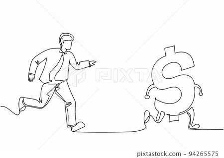 Single one line drawing businessman chasing dollar symbol, trying to catch it, return his money. Financial crisis, ROI, return on investment business. Continuous line draw design vector illustration 94265575