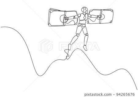 Single one line drawing robot flying on money wings. Financial freedom. Future technology development. Artificial intelligence and machine learning. Continuous line design graphic vector illustration Single one line drawing robot flying on money wings. Financial freedom. Future technology development. Artificial intelligence and machine learning. Continuous line design graphic vector illustration 94265676