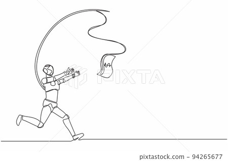 Single continuous line drawing robot running after money. Greedy robot with attached rod and dollar. Robotic artificial intelligence. Electronic technology. One line draw design vector illustration Single continuous line drawing robot running after money. Greedy robot with attached rod and dollar. Robotic artificial intelligence. Electronic technology. One line draw design vector illustration 94265677