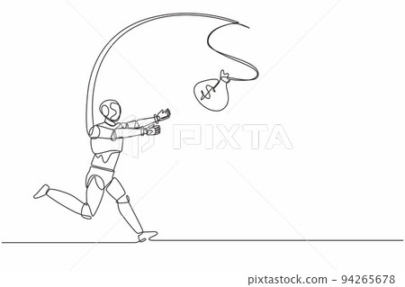 Single one line drawing robot chasing bag of money. Foolishness, stupidity. Future technology development. Artificial intelligence and machine learning. Continuous line draw design vector illustration 94265678