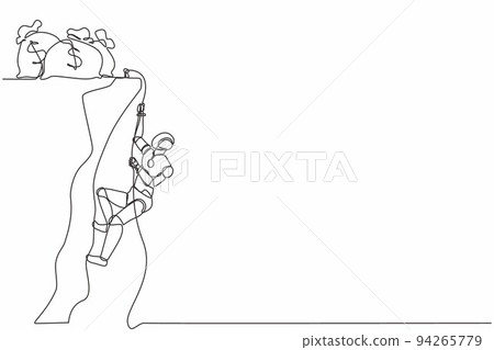 Single one line drawing robot doing rope climbing towards money bag. Future technology development. Artificial intelligence and machine learning processes. Continuous line draw design graphic vector Single one line drawing robot doing rope climbing towards money bag. Future technology development. Artificial intelligence and machine learning processes. Continuous line draw design graphic vector 94265779