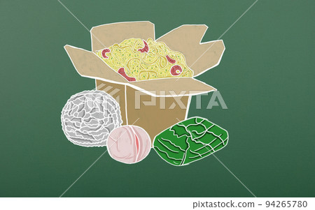 Cardboard take-out box of noodles with vegetables and fried shrimp Cardboard take-out box of noodles with vegetables and fried shrimp 94265780